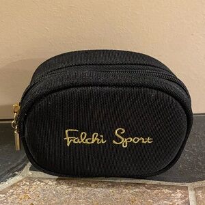 Vintage Carlos Falchi Sport Black Zippered Pouch Gold Embroidered Logo 2x5x4